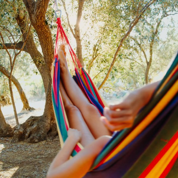 Close up of tourist lying in hammock among olive trees with bicycles in background,Croatia